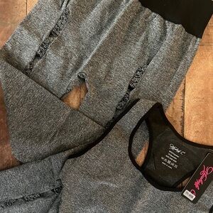 NEW! 2 pc Gray Yoga Workout Warrior Leggings Tank Set Grey/Black Distressed NWT